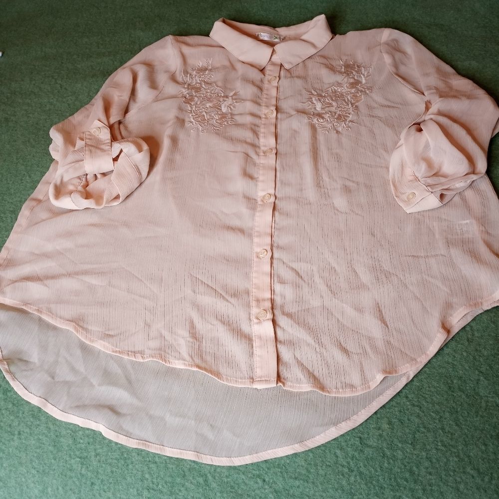 Chack it out Plus 3XL Beige Embroidered Rolled Longsleeves Button Up Up-Down